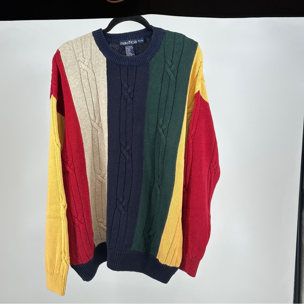 Nautica Vintage 90’s Men's XL Colorblock Cable Knit Crewneck Sweater‎ Cotton